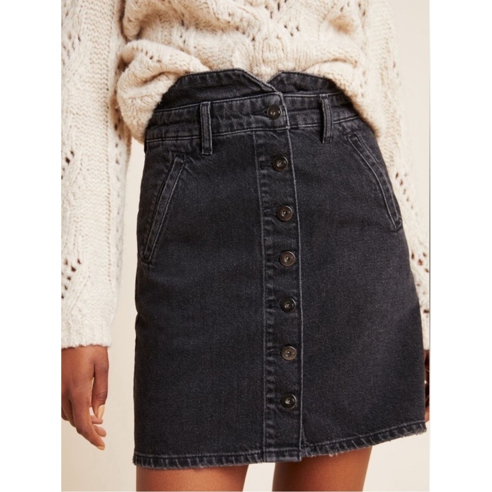 Pilcro Anthropologie Black Denim A-Line Paperbag High Waist Skirt Women's 12 - Picture 4 of 12